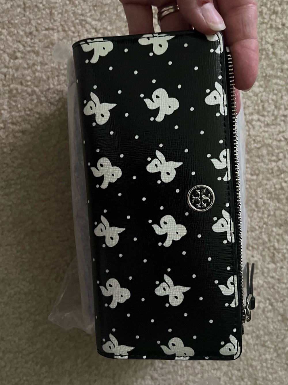 Tory Burch Black Zip Wallet with White Butterfly Print